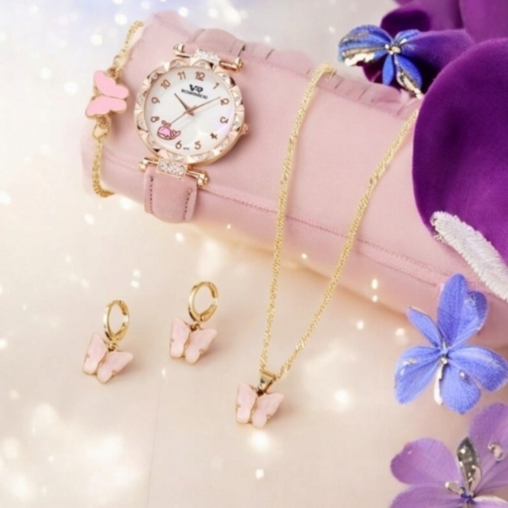 Dolphin and Butterfly 4 Piece Pink Jewelry Set Watch Necklace Bracelet Earrings